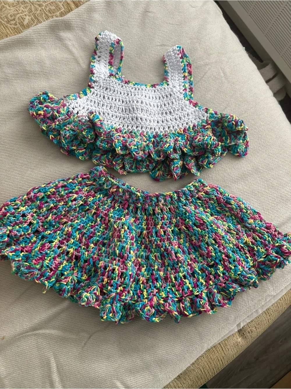 Hand-Crocheted Baby Two-Piece Set in White with Multicolor Ruffles